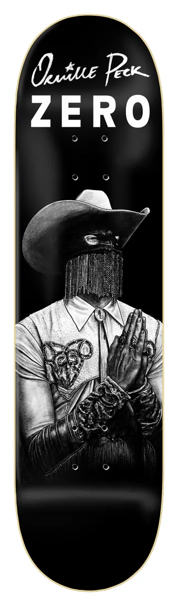 Zero Hope To Die 8.25 skateboard deck: Black and white illustrated figure in a cowboy hat with a beaded chain veil over the face, hands pressed together in prayer, wearing a embroidered western shirt and studded cuffs. Script name and Zero logo across the top.