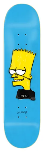 Zero Iconoclash - Wimer skateboard deck: A Bart Simpson head with heavy-lidded eyes and a smirk, drawn in a rough, scratchy style and cut out like a sticker, on a flat light blue deck. The Zero tag is on his collar.