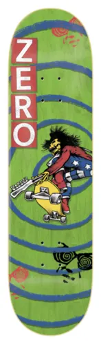 Zero INXS - Burman 8.25 skateboard deck: Green deck with blue concentric spiral rings and small red swirls. A punk figure with spiky hair in a stars-and-stripes outfit rides a yellow skateboard while holding a guitar. White Zero lettering on a red block at the nose.