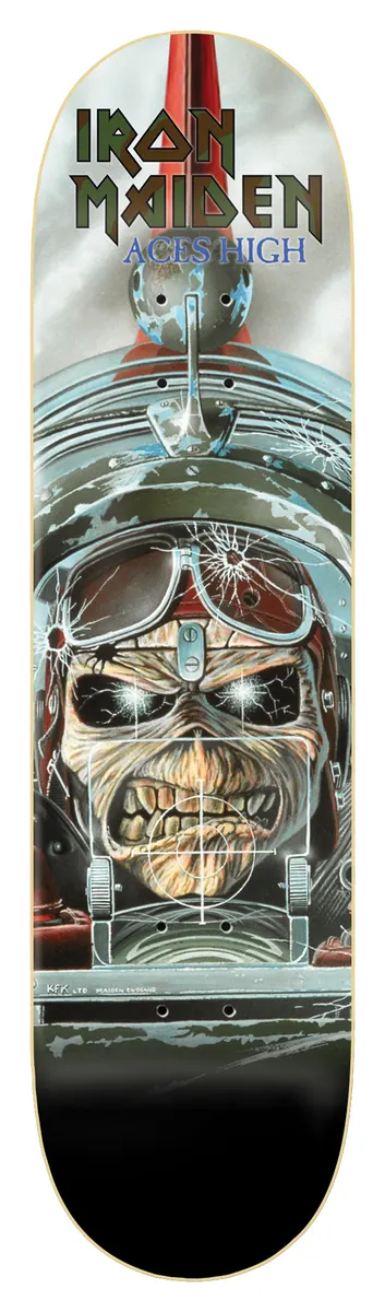 Iron Maiden Iron Maiden - Aces High 8.375 skateboard deck: Painted illustration of the skeletal mummified Eddie in a pilot's helmet and goggles, glowing white eyes, peering from a bullet-riddled fighter plane cockpit with a gunsight over his face. Band logo and album title at the top.