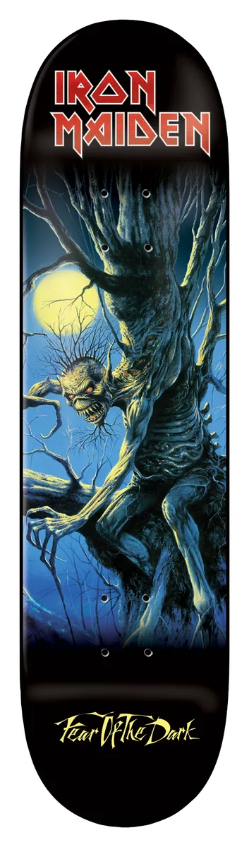 Iron Maiden Iron Maiden - Fear Of The Dark (Final Edition) 8.25 skateboard deck: Album artwork of a gaunt, tree-like creature crouching in bare branches under a full yellow moon, in blue night tones. Red Iron Maiden logo above on black, with yellow script title below.