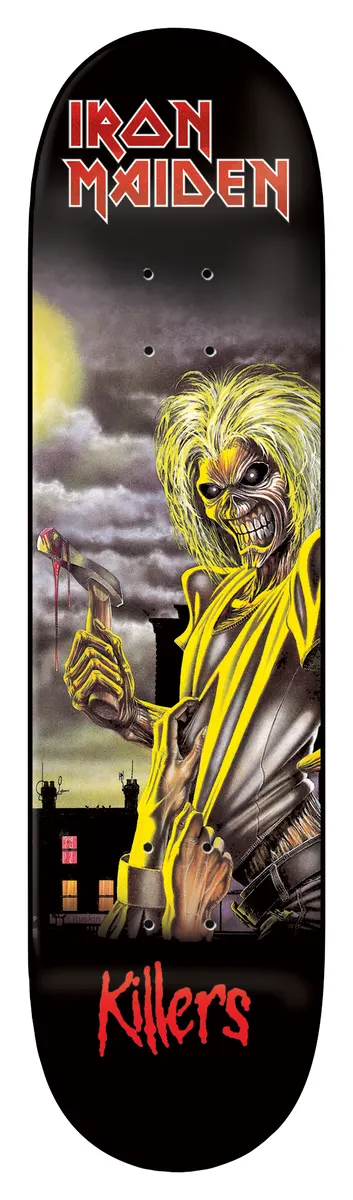 Iron Maiden Iron Maiden - Killers (Final Edition) 8.25 skateboard deck: Reproduction of the Iron Maiden 'Killers' album cover: a wild-haired zombie-like figure in a yellow scarf holds a bloody hatchet in front of a moonlit, cloudy night and a dark terrace of houses. Red band logo at top, red 'Killers' script at the tail.