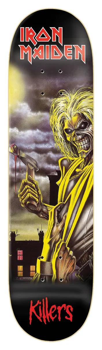 Iron Maiden Iron Maiden - Killers skateboard deck: Album artwork of a yellow-haired skeletal ghoul in a yellow robe raising a bloody axe, with a night street, lit house windows and moon behind. Band name in red at the top, album title in red script at the bottom.