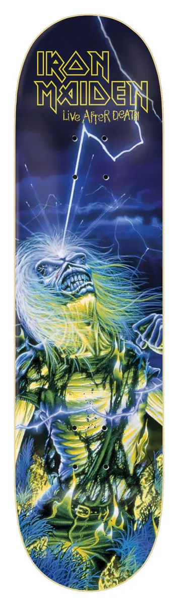 Iron Maiden Iron Maiden - Live After Death 8.0 skateboard deck: Album-art style painting of the skeletal, long-haired Eddie figure with lightning striking his head against a stormy blue sky, with grass in the foreground. Band name and album title in yellow at the top.