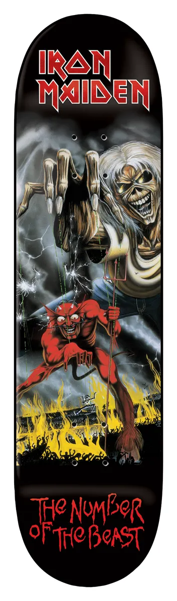 Iron Maiden Iron Maiden - Number Of The Beast (Final Edition) 8.25 skateboard deck: Painted album artwork on a black deck: a skeletal, ragged Eddie figure looms over a red horned devil holding a trident, with hellfire burning below. Red band logo across the top and title lettering at the bottom.