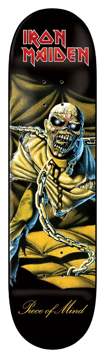 Iron Maiden Iron Maiden - Piece Of Mind (Final Edition) 8.25 skateboard deck: Band album artwork of a chained, wild-eyed lobotomised man in a straitjacket on a padded cell floor in yellow-gold and black, with the band logo in red and white at the top and script title below.