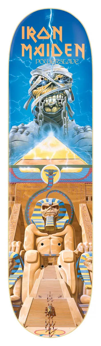 Iron Maiden Iron Maiden - Powerslave 8.25 skateboard deck: Painted Powerslave album artwork: a bandaged mummy skull figure with lightning above a glowing pyramid, over a huge Egyptian sphinx statue with a skull face and pharaoh headdress at the top of temple steps. Band name in gold at the top.