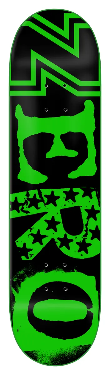 Zero Legacy Ransom - Green Dip skateboard deck: A large distorted ZERO logo in neon green on black, with the Z formed by lightning-like bars, the R filled with stars and the O drawn as a rough stencil oval.