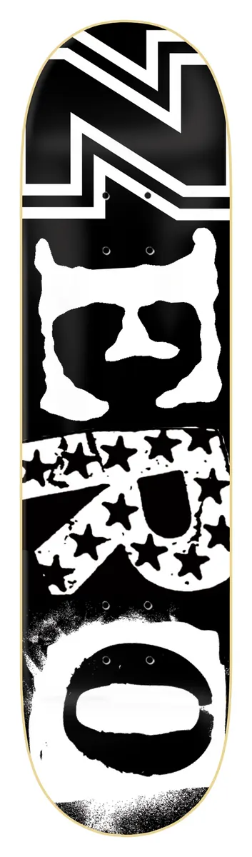Zero Legacy Ransom - 8.5 skateboard deck: The Zero name in distressed white letters stacked down a black deck, with the R filled with stars and a black and white zigzag lightning band at the nose. Rough stencil texture throughout.