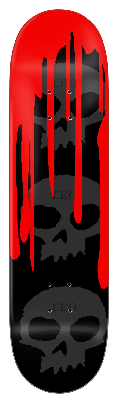 Zero Leo Romero - Guest Board *unsigned* skateboard deck: Three stacked dark grey Zero skulls with LEO written on each forehead, with red paint dripping down over the top of a black deck.