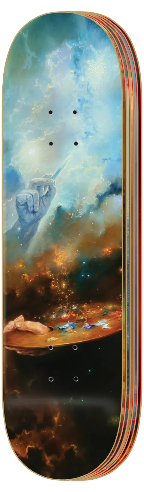 Zero Lewandowski III - 6 - Board Set skateboard deck: Painted cosmic scene of a ghostly hand holding a brush, reaching from blue clouds toward a palette, over an orange and brown nebula against black space. The photo shows the deck with its layered coloured edge.