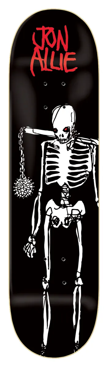 Zero Living Dead - Allie 8.125 skateboard deck: White skeleton with red eyes stands holding a spiked ball-and-chain flail over its shoulder, drawn in a loose scratchy style. Rider name in red hand lettering at the top of a black deck.