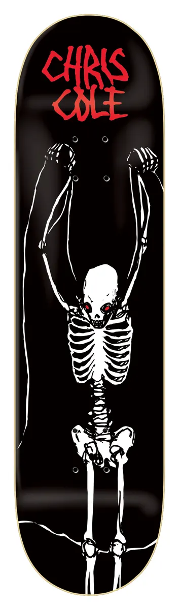 Zero Living Dead - Cole 8.375 skateboard deck: White skeleton with red eyes hangs by its raised fists from above, drawn in a rough scratchy style. Rider name in red brush lettering across the top of a black deck.