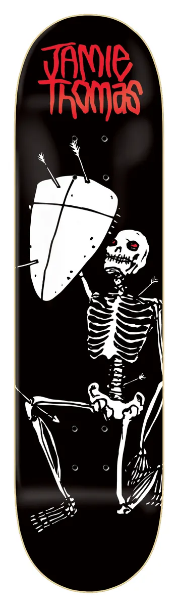 Zero Living Dead - Thomas 8.25 skateboard deck: Black deck with a white line-drawn skeleton with red eyes kneeling behind a large shield, pierced by several arrows. Jamie Thomas name in red brush lettering across the top.