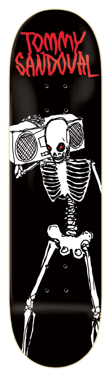 Zero Living Dead - Sandoval 8.0 skateboard deck: Black deck with a white line-drawn skeleton with red eyes carrying a boombox on its shoulder. Tommy Sandoval name in red brush lettering across the top.