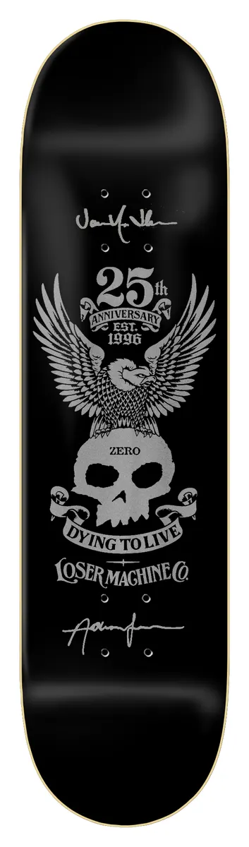Zero Lmc X Zero Anniversary - Silver 8.5 - Signed skateboard deck: Silver-grey winged eagle perched on a Zero skull above banners reading 'Dying to Live' and 'Loser Machine Co.', with '25th Anniversary Est. 1996' text, on a black deck. Two silver signatures.