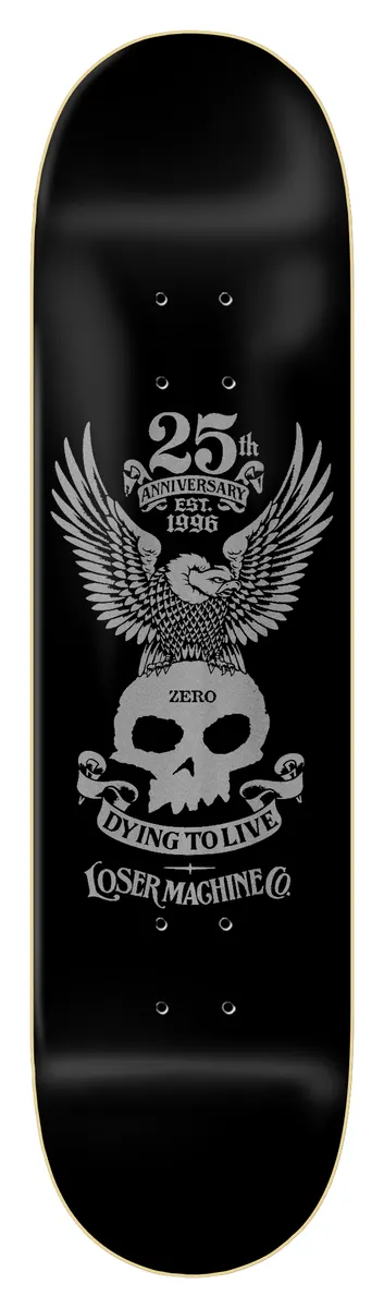 Zero Lmc X Zero Anniversary - Silver 8.5 skateboard deck: A silver eagle with spread wings perched on a Zero skull, with a banner reading Dying to Live and Loser Machine Co. below. 25th Anniversary Est. 1996 text curves above, on black.