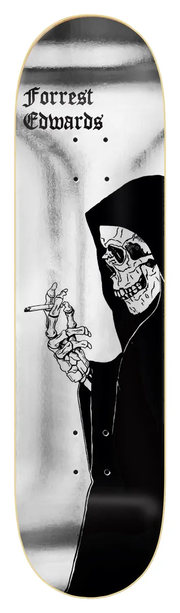 Zero Forrest - Black Death skateboard deck: A hooded grim reaper skull holding a cigarette in skeletal fingers, drawn in black ink against a silver-white metallic background. Gothic blackletter name at the top.