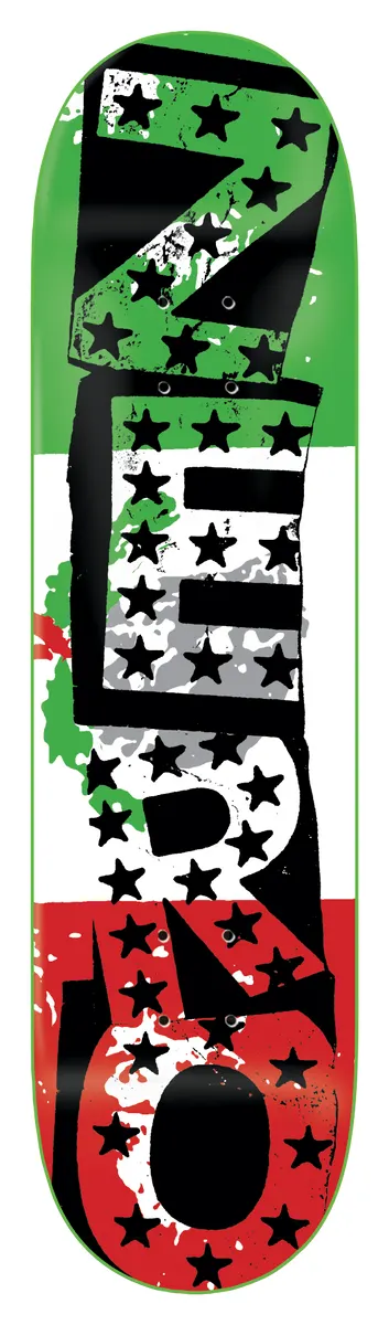 Zero Mexican Punk 8.5 skateboard deck: Large black stencil-style lettering with scattered stars over horizontal green, white and red bands in the style of the Mexican flag, with a faded eagle and cactus in the middle band.