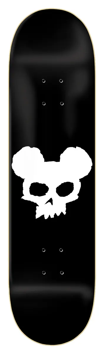 Zero Mickey Skull - 8.25 skateboard deck: Plain white hand-cut skull with round mouse-style ears, centred low on a glossy black deck.