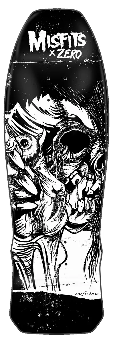 Zero Misfits - Evil Eye 89 Cruiser - Ltd Hand - Screened skateboard deck: Black and white cruiser-shaped deck with Misfits x Zero lettering at the top above a detailed ink drawing of a decayed skull-like face with a large eye, signed at the bottom.