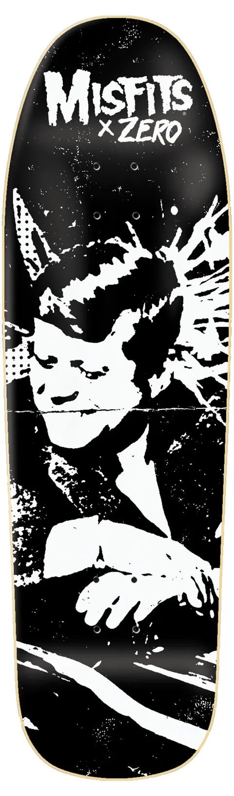 Zero Misfits Bullet Shaped skateboard deck: Black shaped deck with a rough white photocopy-style image of a hunched figure with a devil-lock hairstyle, under a white Misfits x Zero logo.