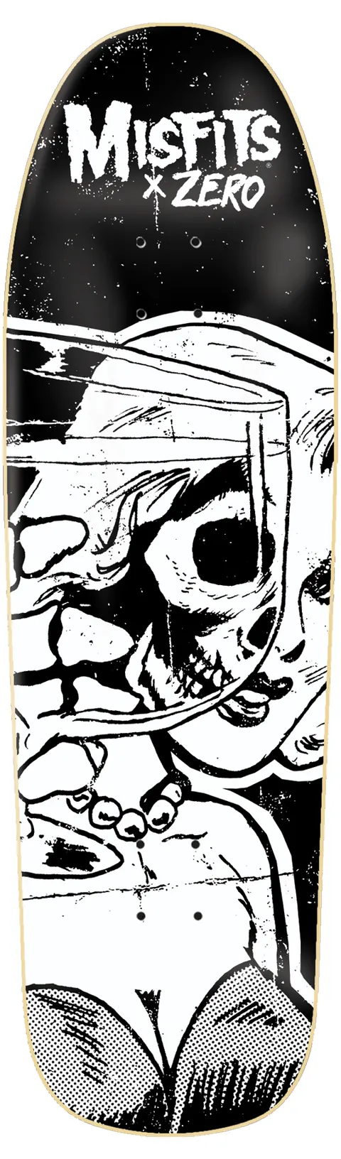 Zero Misfits Die Die Shaped skateboard deck: Black shaped deck with a white comic-book style illustration of a woman holding a glass with a skull-faced figure, drawn in rough line and halftone dots, under the Misfits x Zero logo.