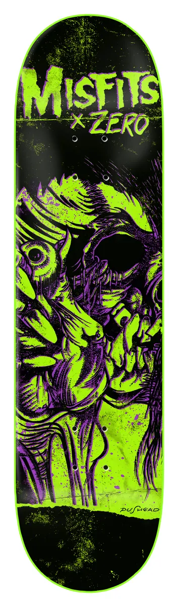 Zero Misfits - Evil Eye - Matte Green Dipped - 8.25 skateboard deck: Black deck with Misfits x Zero lettering in lime green at the top over a green and purple drawing of a distorted skull-like face with a large eye, with a green edge dip and a small signature at the bottom.