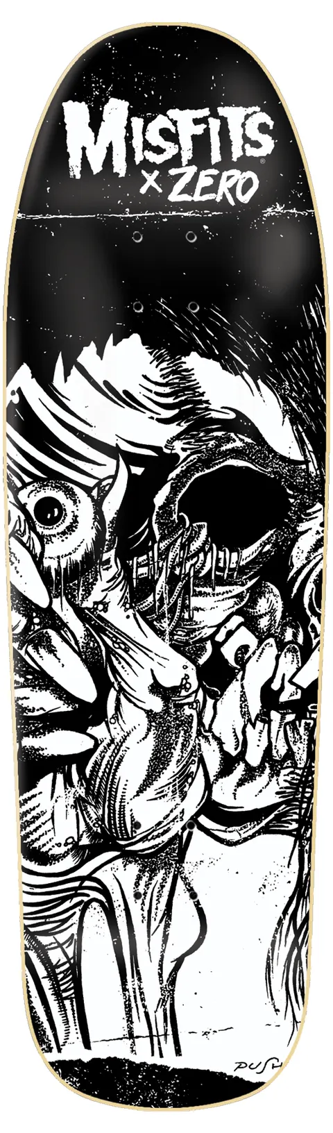 Zero Misfits Evil Eye Shaped skateboard deck: Black shaped deck with a detailed white pen-style illustration of a skull and a staring eye among tangled, hairy forms, under the Misfits x Zero logo.