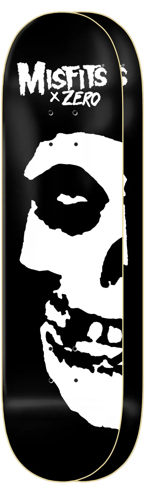 Zero Misfits - Fiend Skull - 2 Board Set skateboard deck: Two black decks overlapping, each with a large white Misfits Fiend Skull face cropped at the right edge, under a white Misfits x Zero logo.