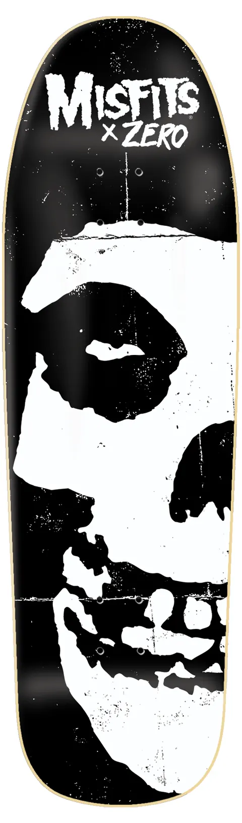 Zero Misfits Fiend Skull Shaped skateboard deck: Black shaped deck with an enormous, distressed white Misfits Fiend Skull face filling most of the board, cropped at the right edge, under the Misfits x Zero logo.