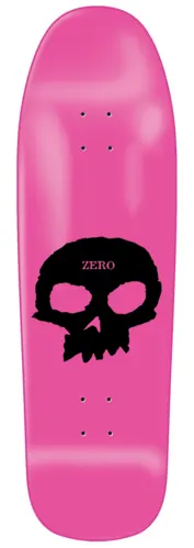 Zero Misled Youth Single Skull 9.5 skateboard deck: Large black single skull logo with the Zero name in its forehead, on a bright pink old-school shaped deck.