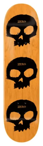 Zero Multi Skull Stencil - 8.25 & 8.5 skateboard deck: Three large black stencil-style skulls stacked down the length of an orange wood-stained deck, each with a small orange Zero wordmark across the forehead.