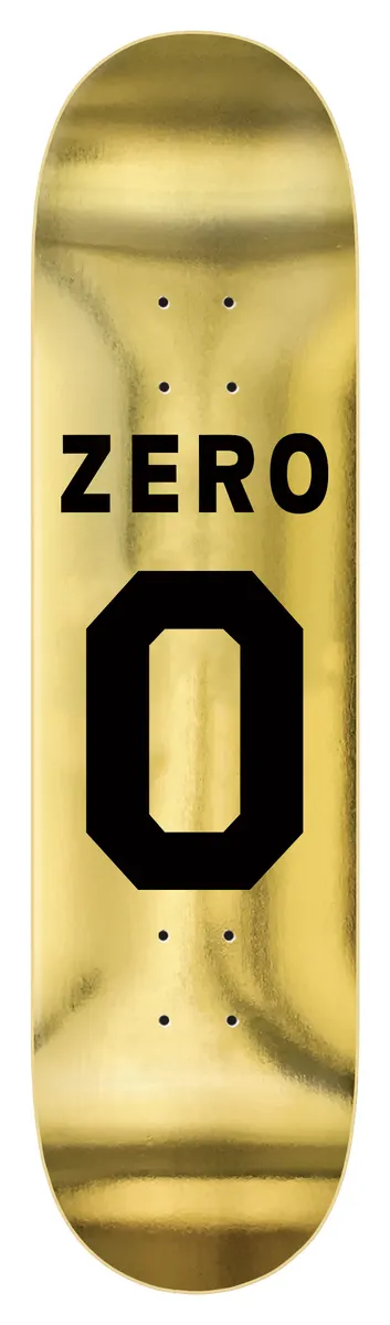 Zero Numero - Gold Foil 8.375 skateboard deck: Gold foil deck with a large black Zero name above a big black number zero in a varsity-style typeface.