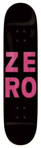 Zero Numero Pricepoint 8.5 skateboard deck: Large pink distressed-texture block letters spelling the brand name in two stacked lines on a plain black deck with a thin cream outline.