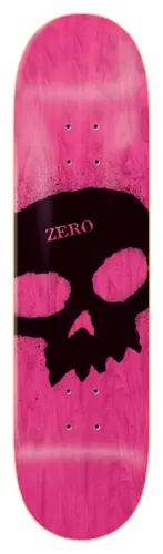 Zero Og Skull Stencil - 8.0 & 8.25 skateboard deck: Large black spray-stencil skull with speckled edges on a pink wood-stained deck, with a small pink 'ZERO' across its forehead.