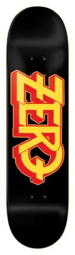 Zero Ozzy 8.25 & 8.5 skateboard deck: Chunky 3D block-letter logo running vertically down the middle of a plain black deck, with yellow faces and red shading and outlines.