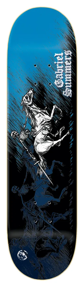 Zero Pale Horse - Summers 8.25 skateboard deck: A skeletal rider on a rearing white horse, drawn in white line on a blue to black deck, with further shadowy riders behind. Gabriel Summers in gothic blackletter down the right, small round logo at the bottom.