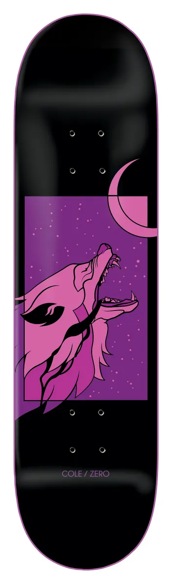 Zero Past Forms - Cole 8.25 skateboard deck: Black deck with a pink and purple howling wolf head in profile, set in a starry purple rectangle with a crescent moon above. Thin pink outline around the deck edge.