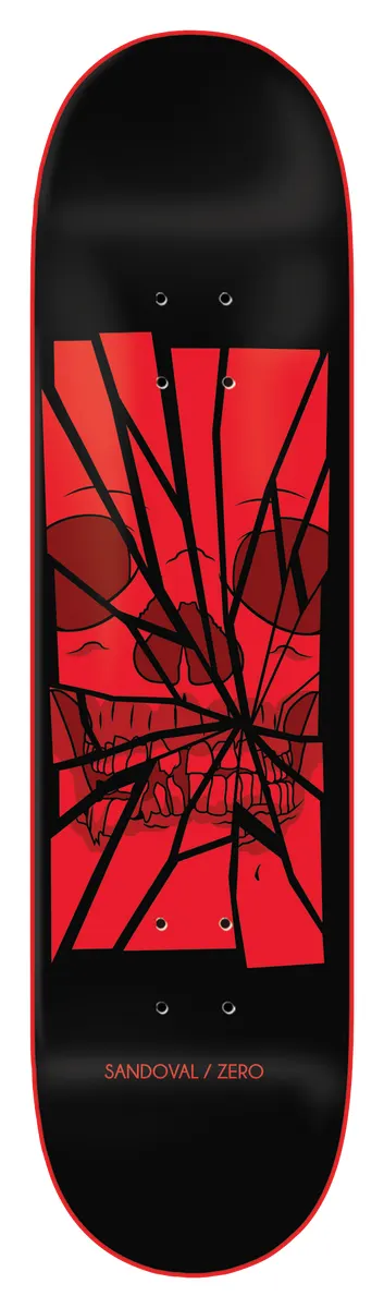 Zero Past Forms - Sandoval 8.0 skateboard deck: Red skull seen through shattered glass, cracks radiating across a red panel on a black deck with red edge line. Small credit text at the bottom.