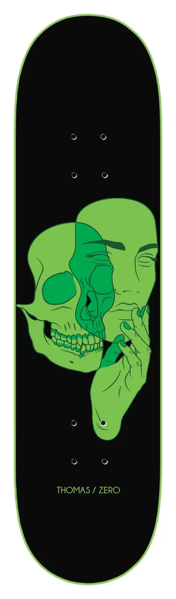 Zero Past Forms - Thomas 8.375 skateboard deck: Black deck with a green line illustration of a skull merged with a woman's face, her hand held to her chin. Thin green outline around the edge.