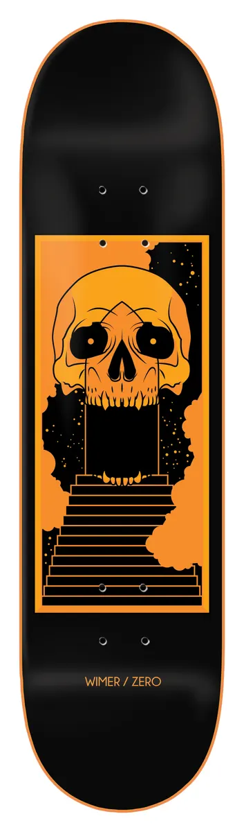 Zero Past Forms - Wimer 8.25 skateboard deck: Orange line-art skull with a stone staircase rising from its open mouth, inside an orange framed panel with starry smoke, on a black deck. Small orange credit text at the bottom.