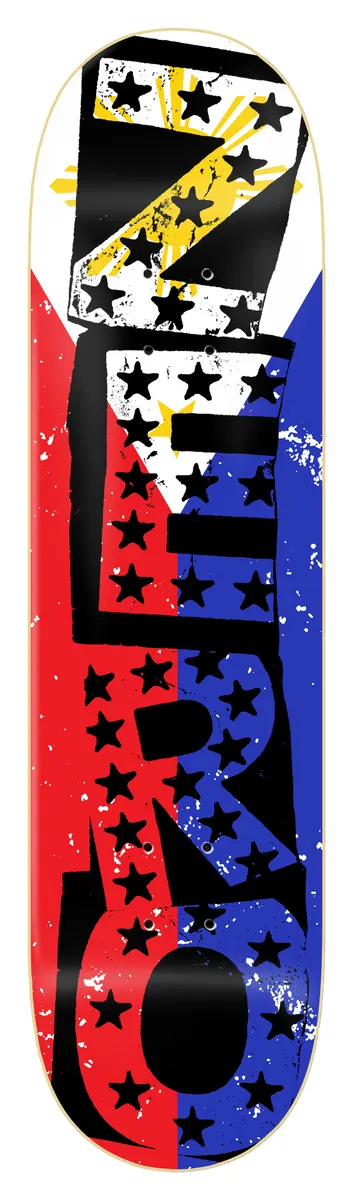 Zero Philippine Punk skateboard deck: Brand name in large distressed black block lettering, filled with black stars, over a worn Philippine flag design of red, blue and white with a gold sun.