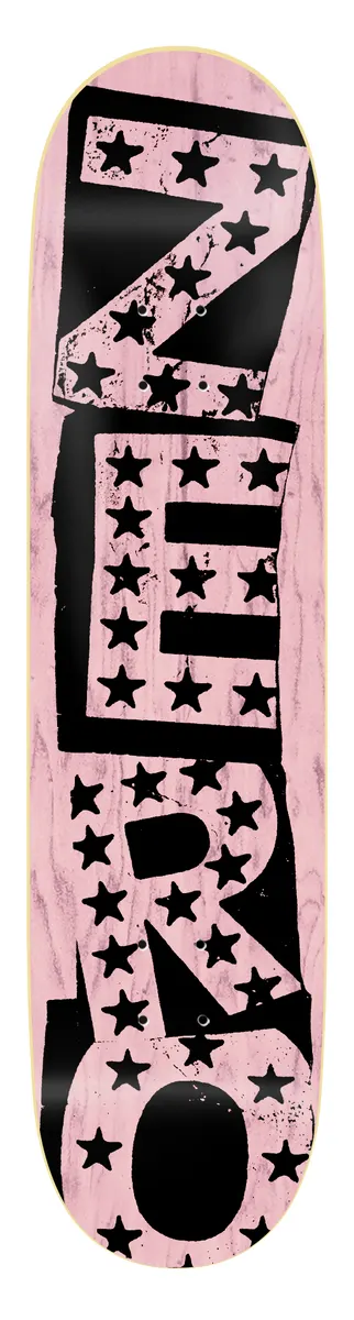 Zero Pink Punk Stars - Pricepoint skateboard deck: Zero spelled in large black ransom-note style block letters running down a pink wood-stained deck, with black stars scattered across the letters and background.