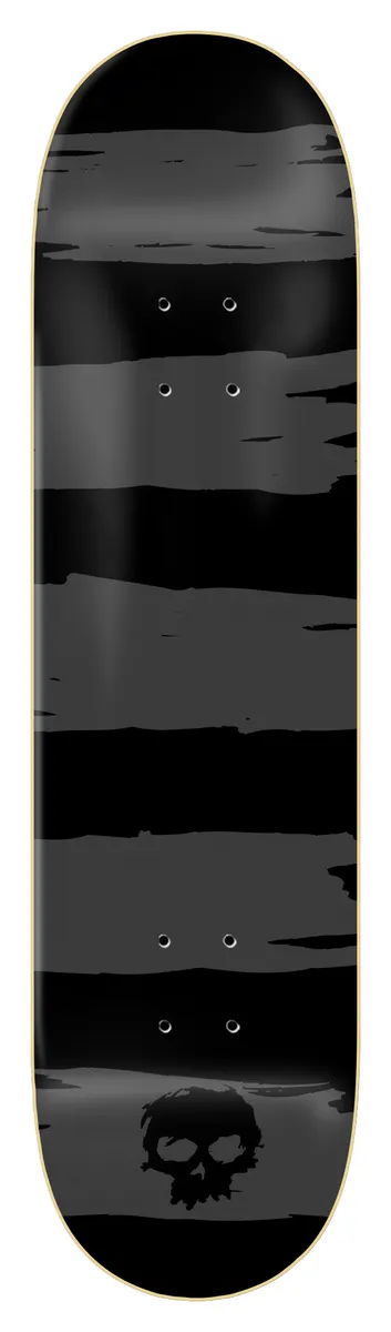 Zero Punk Stripes - Grey 8.0 skateboard deck: Rough, brushed horizontal grey stripes run across a black deck, giving a tone-on-tone look. A small black skull logo sits near the bottom with a gold edge around the board.