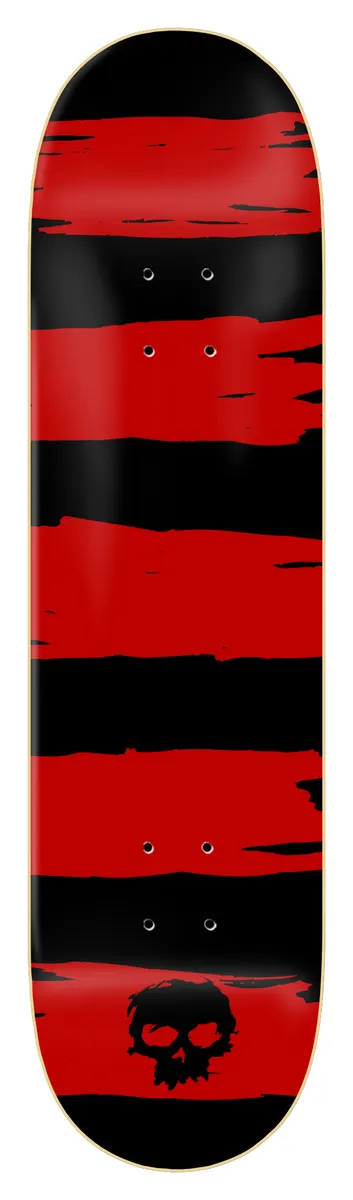 Zero Punk Stripes - Red 8.25 skateboard deck: Rough, brushed horizontal red stripes run across a black deck, with a small black skull logo at the bottom and a gold edge around the board.