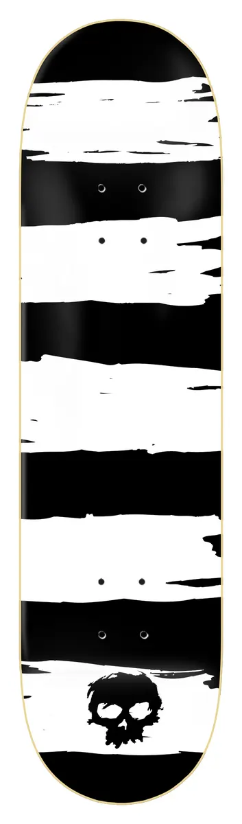 Zero Punk Stripes - White 8.5 skateboard deck: Rough, brushed horizontal white stripes cross a black deck, with a small black skull logo at the bottom and a gold edge around the board.