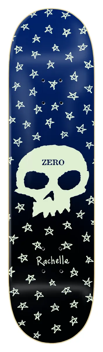 Zero Rachelle Vinberg - Guest Model skateboard deck: A pale glow-in-the-dark Zero skull with the brand name on its forehead, surrounded by hand-drawn stars on a navy to black fade. Signature-style name sits below.