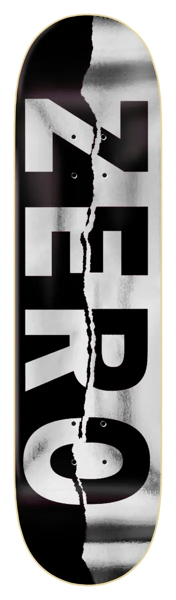 Zero Ripped Army Foil - Black skateboard deck: Large silver foil ZERO letters running down a black deck, with a jagged torn line splitting the foil and black halves.
