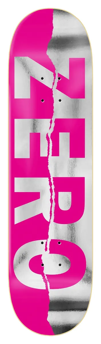 Zero Ripped Army Foil - Pink 8.25 skateboard deck: Large ZERO letters running down the deck, pink on one side of a jagged torn line and silver foil on the other, with a black border.